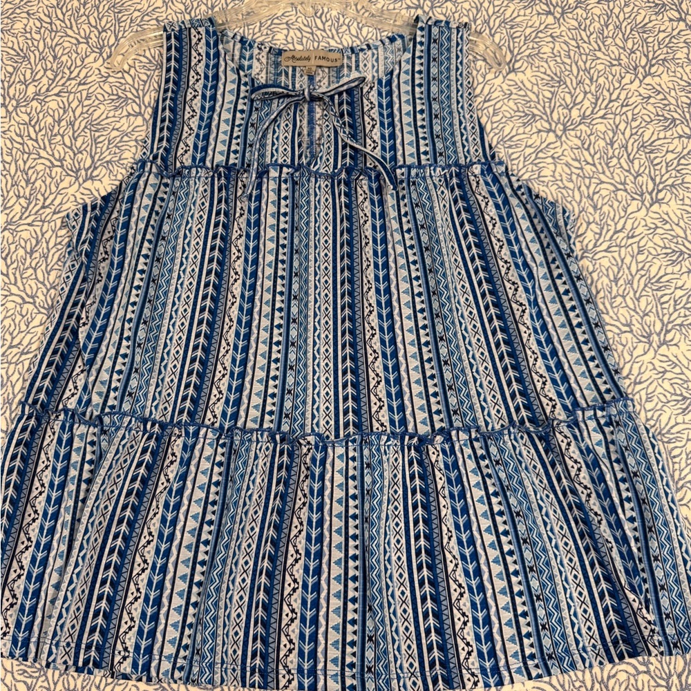 Absolutely Famous Blue & White Sleeveless Tiered Tunic with Front Tie